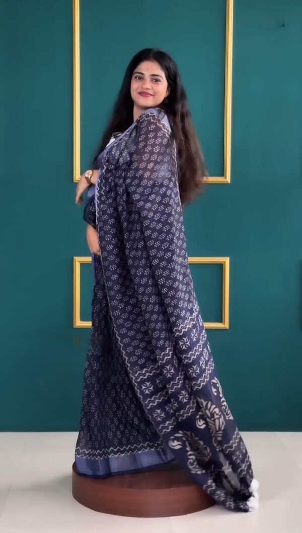 Navy Blue Color Soft Linen Handblock-inspired Geometric And Leaf Motifs Ready To Wear Saree With Unstitched Blouse - Image 4