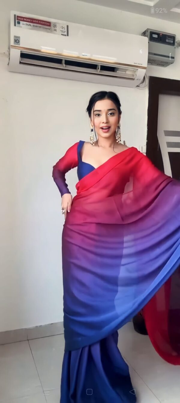 Wine Red And Royal Blue Motifs Georgette Ready To Wear Saree With Unstitched Blouse - Image 3