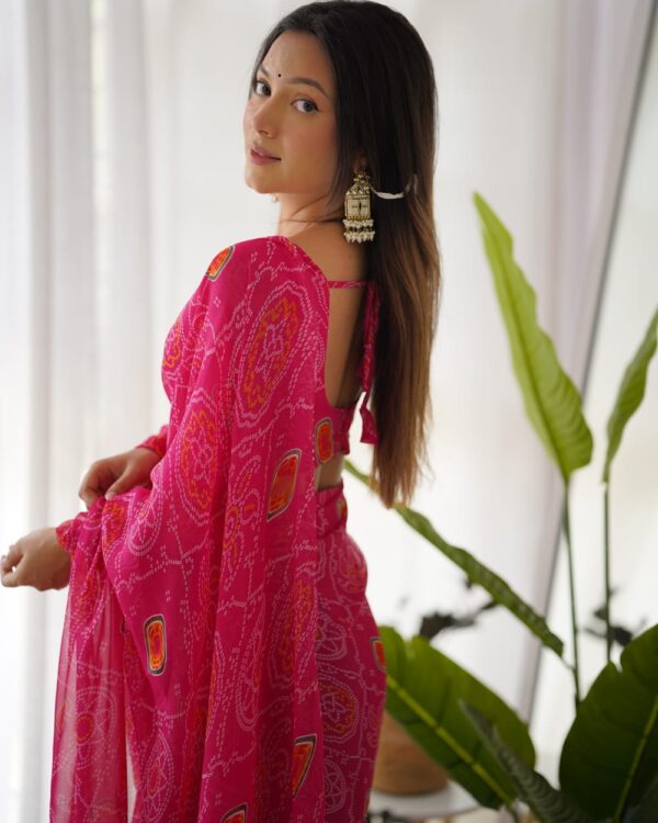 Pink Bandhani Silver Heart Embroidery Ready To Wear Saree With Unstitched Blouse - Image 4