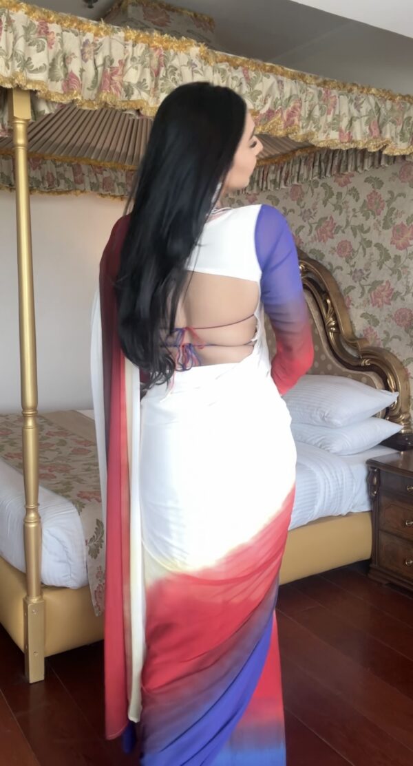 White, Red, Yellow, And Royal Blue Ombré Shades Georgette Ready To Wear Saree With Unstitched Blouse - Image 3