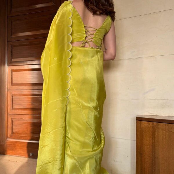 Lemon Yellow Chinon Saree With Pearl Scallop Border Ready To Wear Saree With Solid Blouse Stitched - Image 3