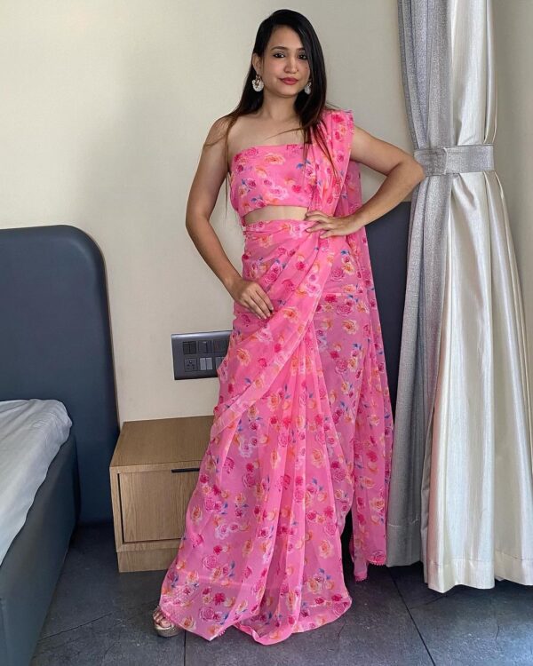 Light Pink Georgette Multicolor Floral Prints Lace Border Ready To Wear Saree With Unstitched Blouse - Image 3