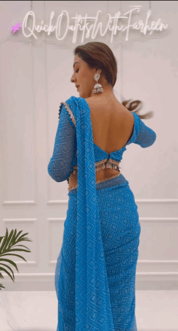 Blue Georgette Bandhani-style Geometric Print Ready To Wear Saree With Unstitched Blouse - Image 3