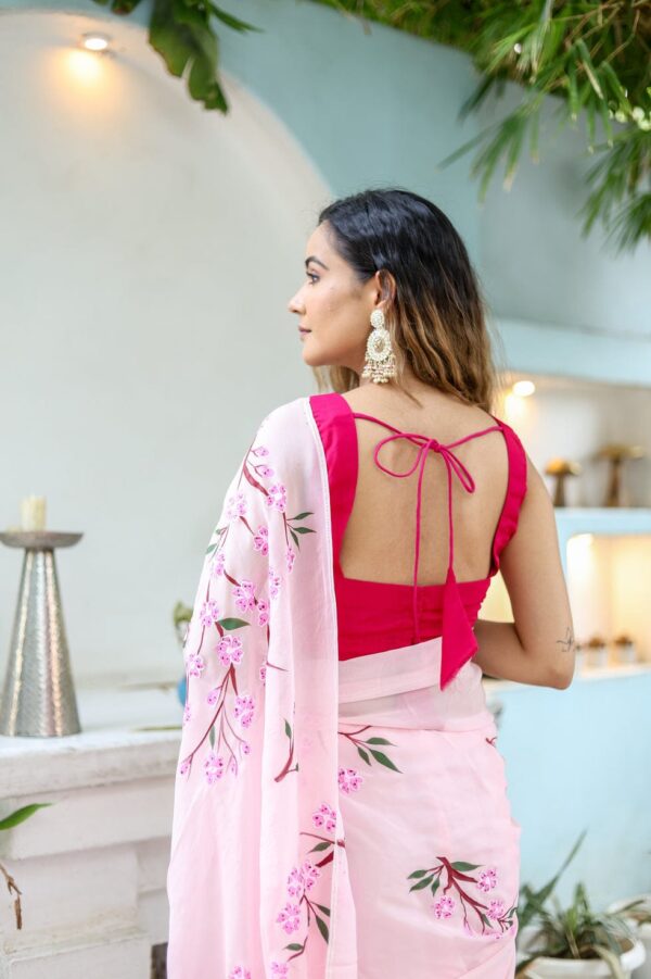 Pink Georgette Ready To Wear Saree With Designer Unstitched Blouse - Image 4