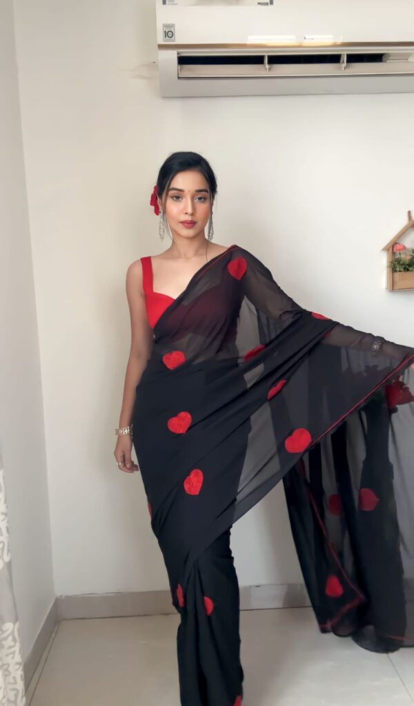 Vibrant Black Small Red Heart Motifs Georgette Ready To Wear Saree With Unstitched Blouse - Image 7