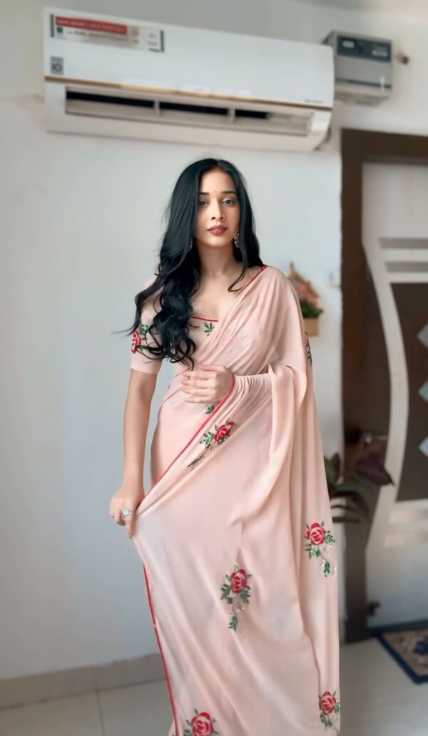 Pastel Peach Georgette Floral Embroidery Red Piping Border Ready To Wear Saree With Unstitched Blouse - Image 3