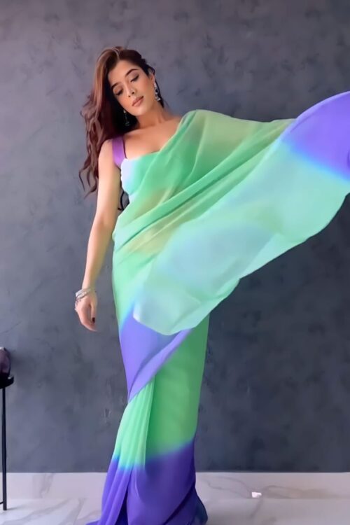 Green And Purple Tones With An Ombre Effect Georgette Ready To Wear Saree With Unstitched Blouse