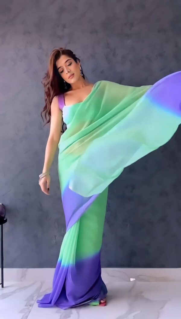 Green And Purple Tones With An Ombre Effect Georgette Ready To Wear Saree With Unstitched Blouse