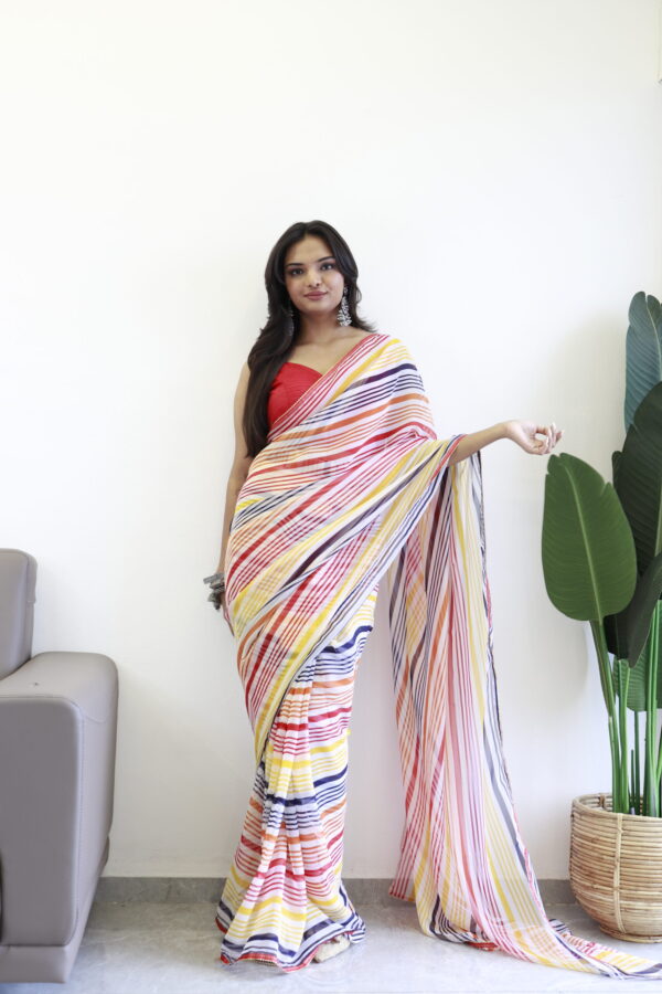 Multi-colored Striped Pattern Georgette Ready To Wear Saree With Unstitched Blouse - Image 2