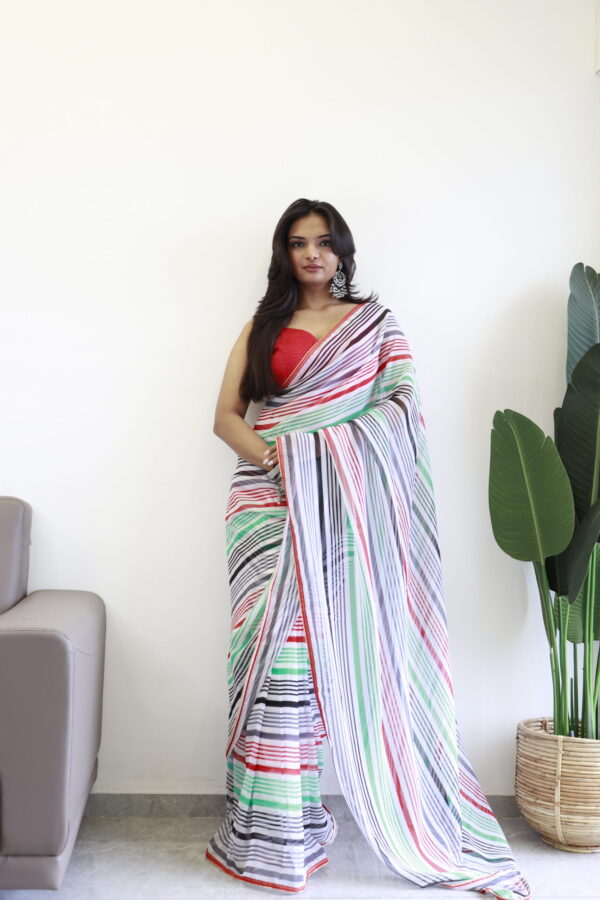Multi-colored Striped Pattern Georgette Ready To Wear Saree With Unstitched Blouse - Image 2
