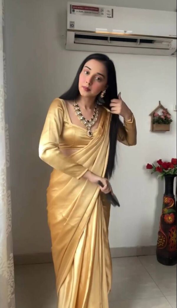 Plain Golden Satin Saree Ready To Wear Saree With Unstitched Blouse - Image 3