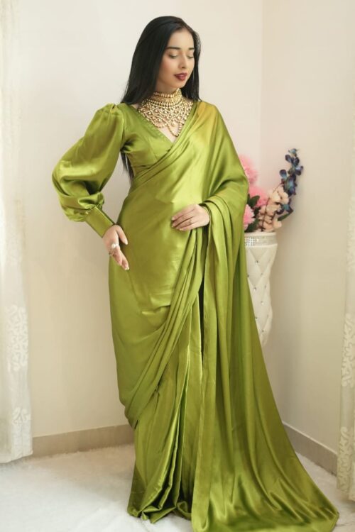 Olive Green Satin Saree Ready To Wear Saree With Unstitched Blouse