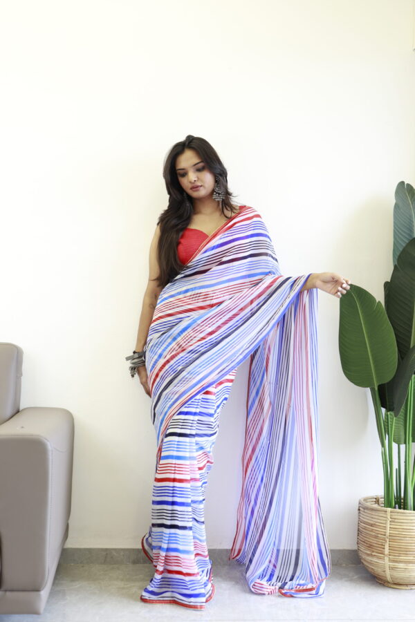 Multi-colored Striped Pattern Georgette Ready To Wear Saree With Unstitched Blouse - Image 2