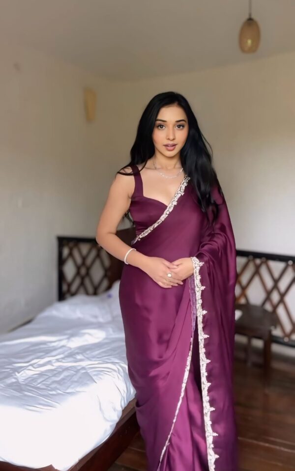 Wine-Colored Rangoli Ivory Lace Embroidery Ready To Wear Saree With Unstitched Blouse - Image 3