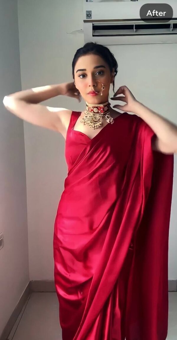 Red Satin Saree Ready To Wear Saree With Unstitched Blouse - Image 3