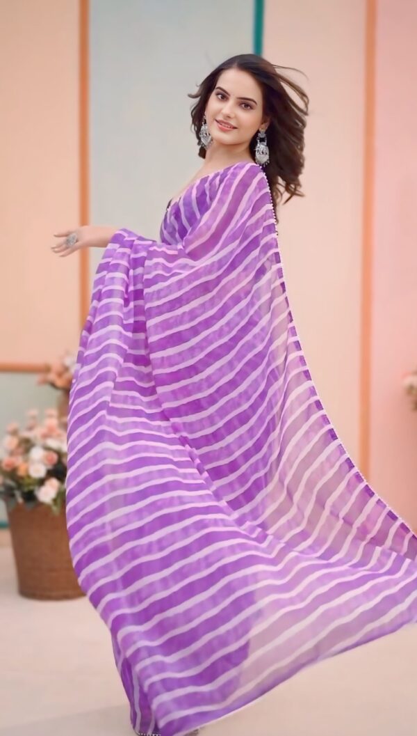 Purple And Lilac Striped Pattern Georgette Ready To Wear Saree With Unstitched Blouse - Image 3
