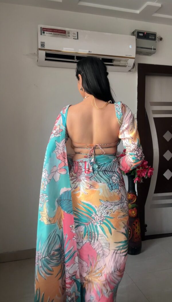 Sky Blue Multicolor Floral And Tropical Print Georgette Ready To Wear Saree With Unstitched Blouse - Image 3