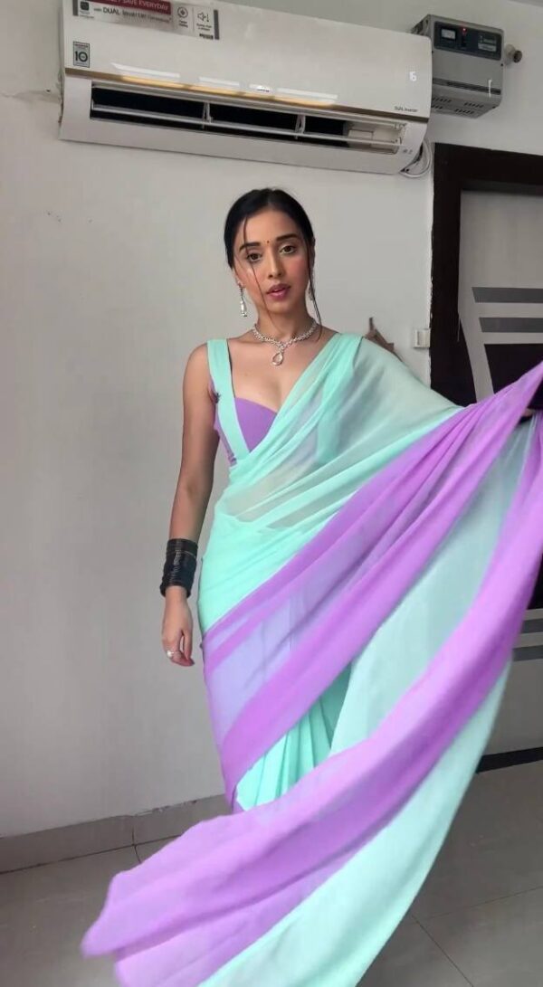 Mint Green And Lavender Omber Pattern Georgette Ready To Wear Saree With Unstitched Blouse - Image 3