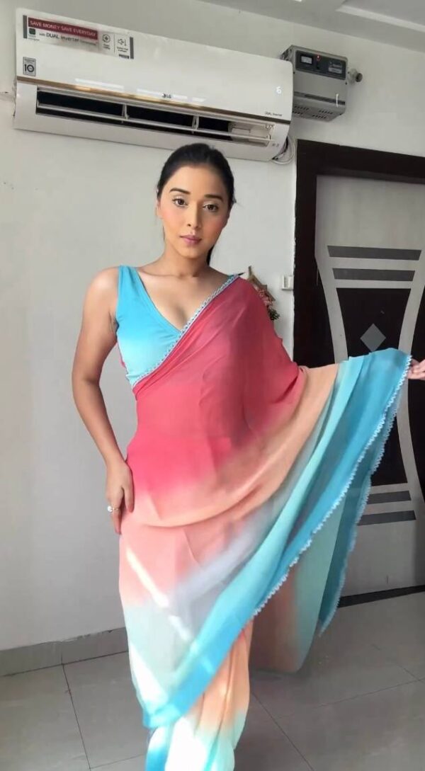 Pink, Olive Green, Aqua Blue, And Purple Omber Pattern Georgette Ready To Wear Saree With Unstitched Blouse - Image 3