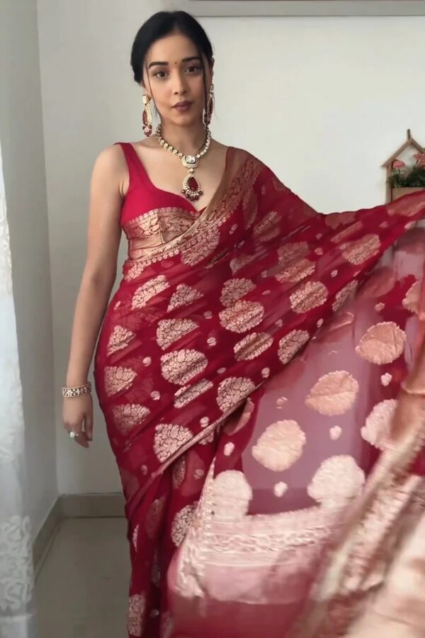 Maroon-red Hue banarasi silver zari motifs saree Ready To Wear Saree With Unstitched Blouse - Image 3