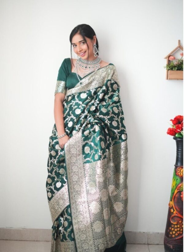 Bottle Green Shade Banarasi Silver Zari Floral Saree Ready To Wear Saree With Unstitched Blouse - Image 3