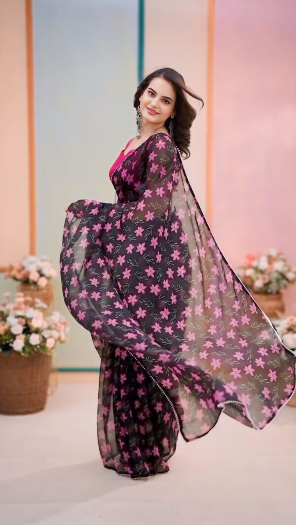 Black ink Floral Prints And Border Georgette Ready To Wear Saree With Unstitched Blouse - Image 5