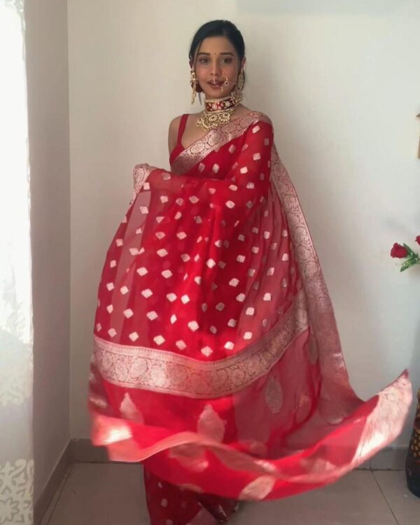 Red banarasi Golden Zari Motifs And Intricate Border Work Ready To Wear Saree With Unstitched Blouse - Image 3
