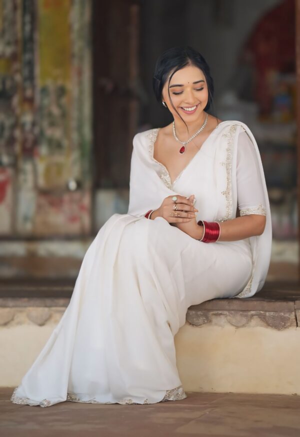 Pure White Rangoli Ivory Lace Embroidery Ready To Wear Saree With Unstitched Blouse - Image 3