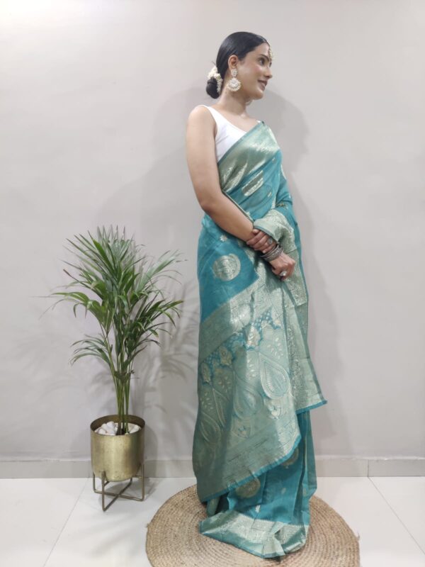 Teal Green Banarasi Silk Silver Zari Weaving And Traditional Motifs Ready To Wear Saree With Unstitched Blouse - Image 3