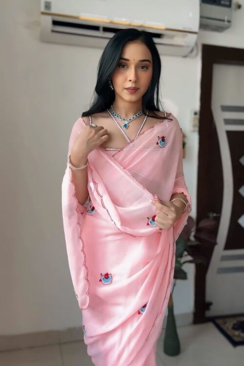 Light Pink White Embroidered Motifs Georgette Ready To Wear Saree With Unstitched Blouse