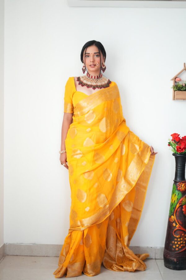 Yellow  Banarasi Silk Silver Zari Weaving And Traditional Motifs Ready To Wear Saree With Unstitched Blouse - Image 4