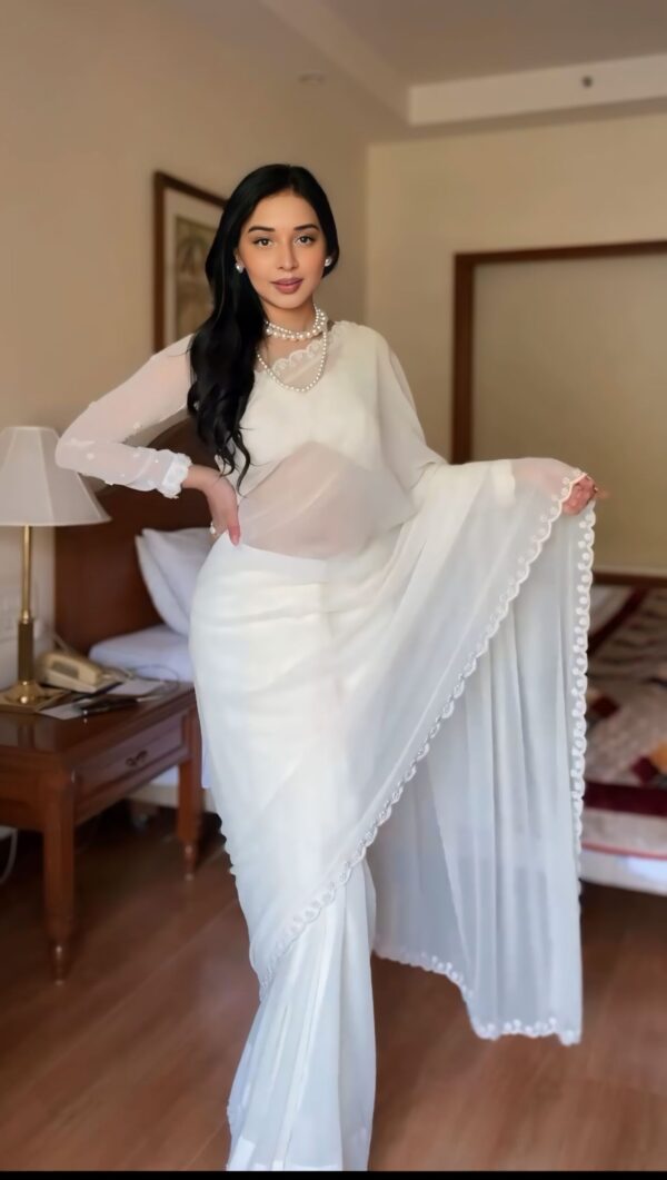 Pure White GeorgetteEmbroidered Scallop Lace On The Borders Georgette Ready To Wear Saree With Unstitched Blouse - Image 3