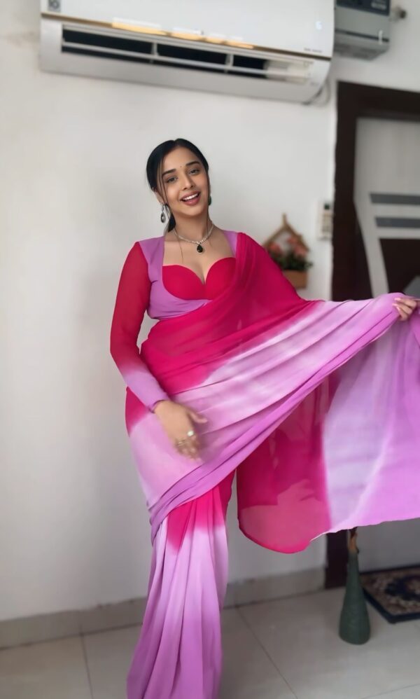 Pink To Lavender Georgette ombre design Ready To Wear Saree With Unstitched Blouse - Image 5