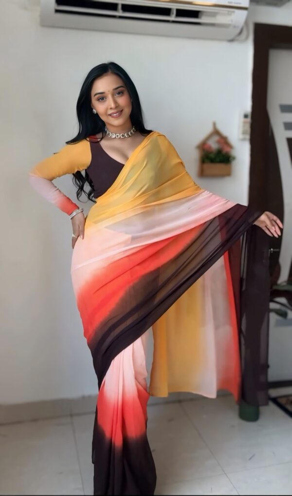 Yellow, Red, Peach, And Brown Shades Georgette ombre design Ready To Wear Saree With Unstitched Blouse - Image 3
