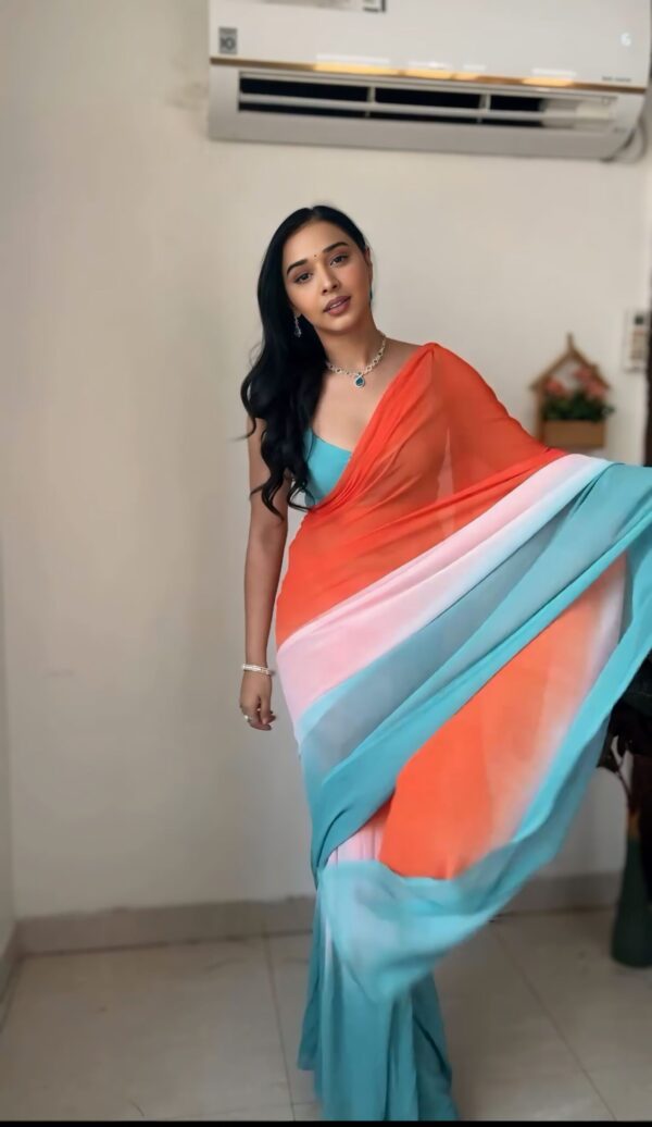 Aqua Blue, Coral Orange, And Soft White Georgette ombre design Ready To Wear Saree With Unstitched Blouse - Image 3