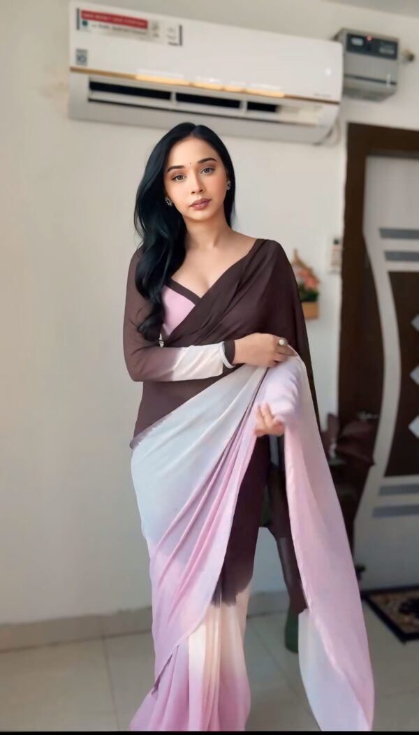 Brown to Bblush Pink Ombre Effect Georgette Ready To Wear Saree With Unstitched Blouse - Image 3