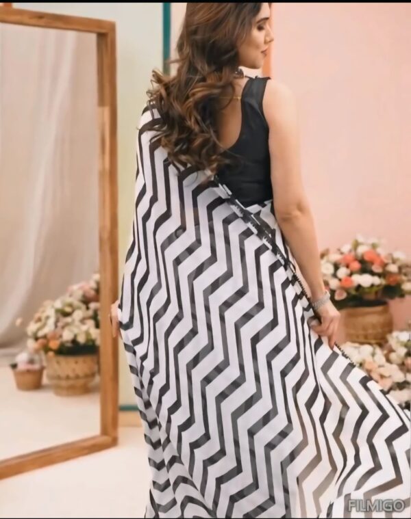 Black And White Stripes Georgette Ready To Wear Saree With Unstitched Blouse - Image 6