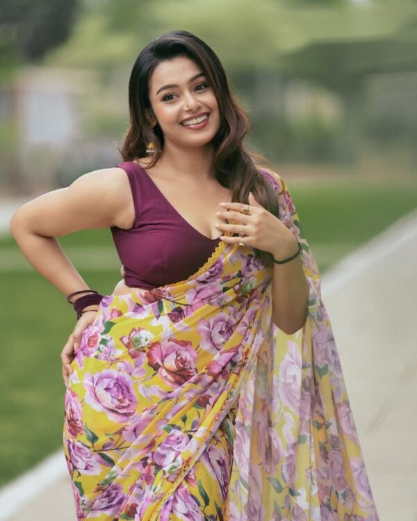 Yellow Floral Printed Georgette Saree with Crochet Lace Border – Lightweight Casual Elegance - Image 6