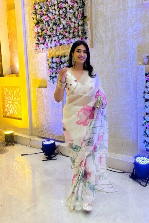 White Color Organza Pink Lotus Floral Prints Ready To Wear Saree With Stitched Blouse