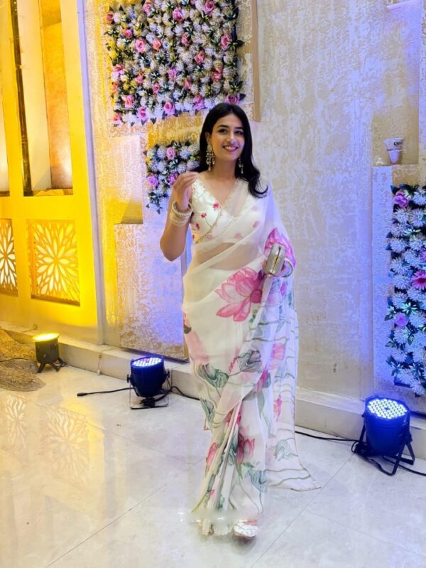 White Color Organza Pink Lotus Floral Prints Ready To Wear Saree With Stitched Blouse