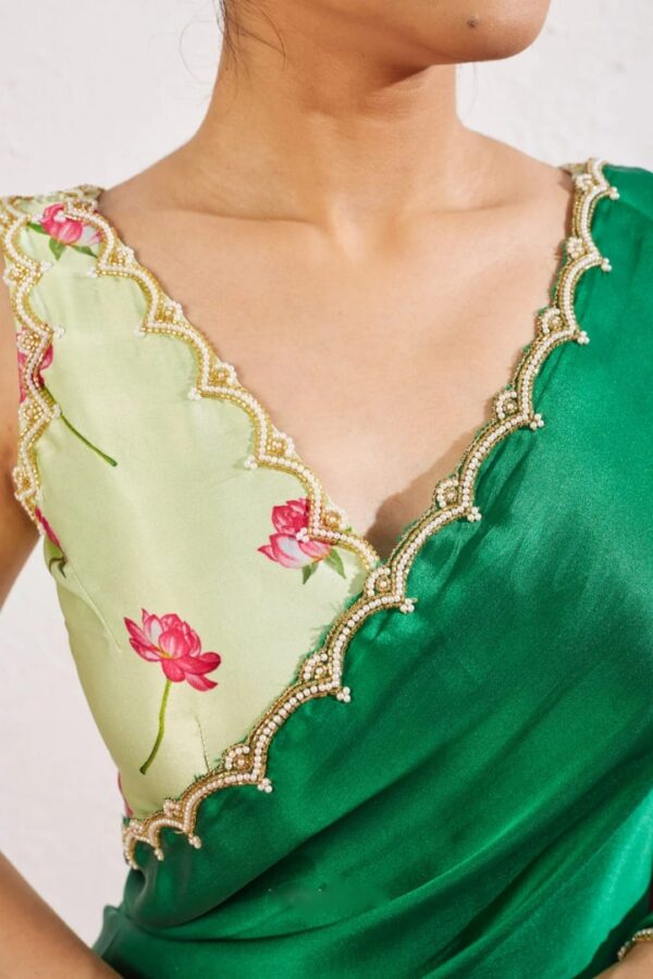 Green Color Satin Saree Botanical Lotus Print Scalloped Golden Border Design Ready To Wear Saree With Stitched Blouse - Image 6