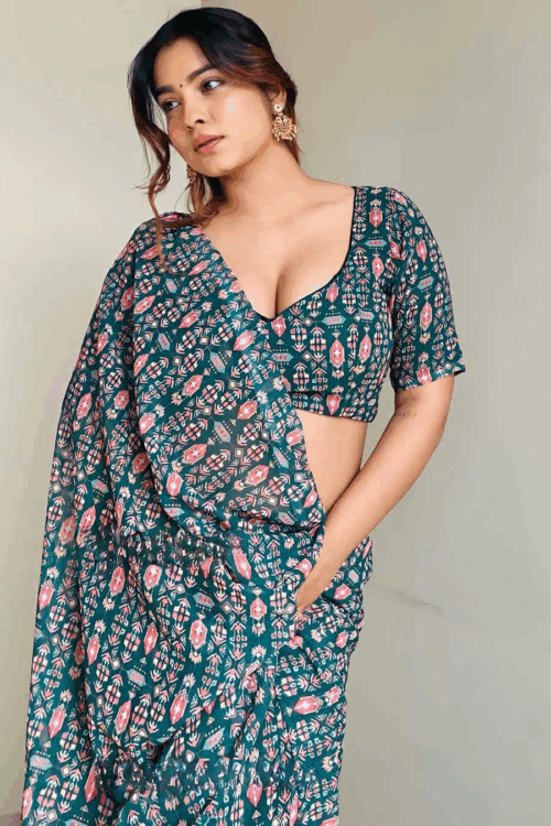 Deep Teal Shade Floral Pink-white Print Georgette Ready To Wear Saree With Unstitched Blouse