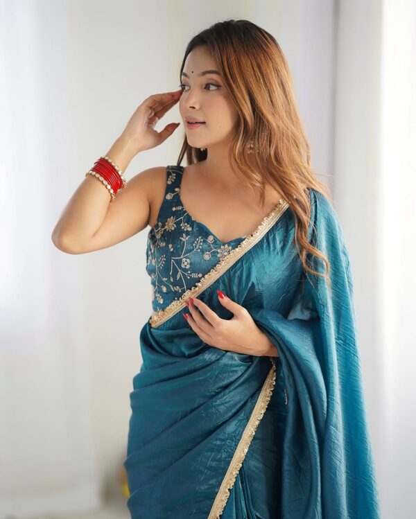Teal Rama Gold Crush Saree With Golden Border Ready To Wear Saree With Embroidered Blouse Stitched - Image 4