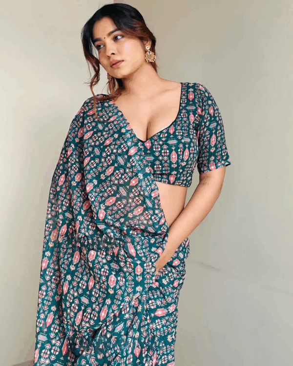 Deep Teal Shade Floral Pink-white Print Georgette Ready To Wear Saree With Unstitched Blouse