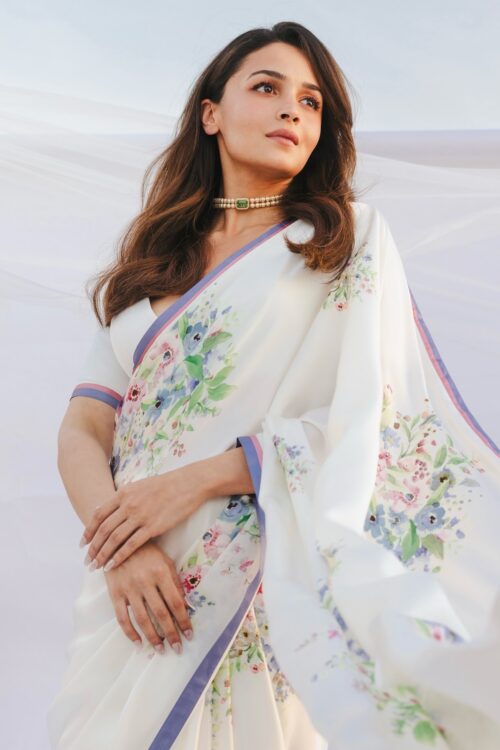 White Sattin Lavender-pink Border & Flower Ready To Wear Saree  With Unstitched Blouse