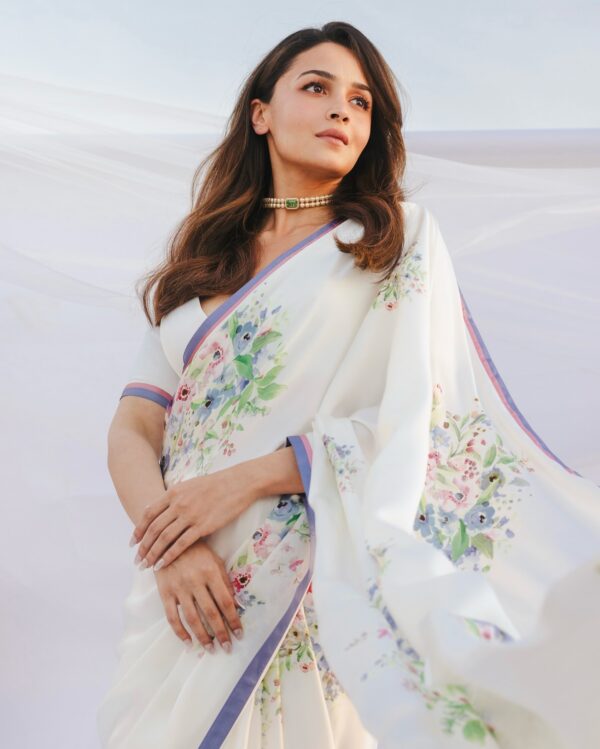 White Sattin Lavender-pink Border & Flower Ready To Wear Saree  With Unstitched Blouse
