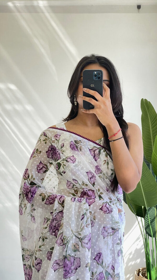 White And Light Purple Floral Prints With A Subtle Polka Dot Base Georgette Ready To Wear Saree With Unstitched Blouse - Image 6
