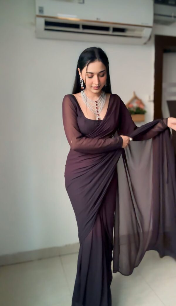 Wine-purple Shade Plain Elegant Design Georgette Ready To Wear Saree With Unstitched Blouse - Image 5