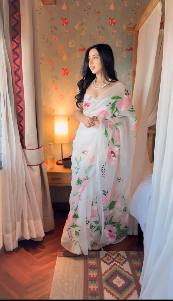 White Shade And Floral Print In Pink And Green Tones Organza Ready To Wear Saree With Unstitched Blous - Image 7