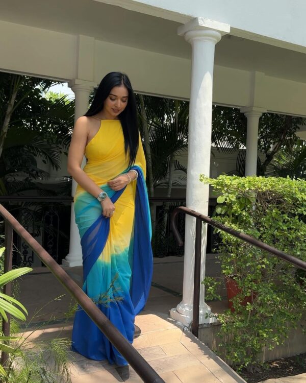 Yellow, Green, And Blue Shades Ombre Gradient Georgette Ready To Wear Saree With Unstitched Blouse - Image 3